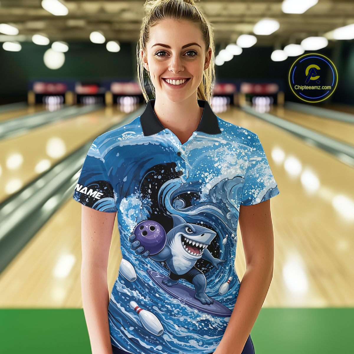 Funny Surfing Shark Bowling Team Shirts Custom Bowling Jersey for Women Polo & 1/4 Zip HNT547