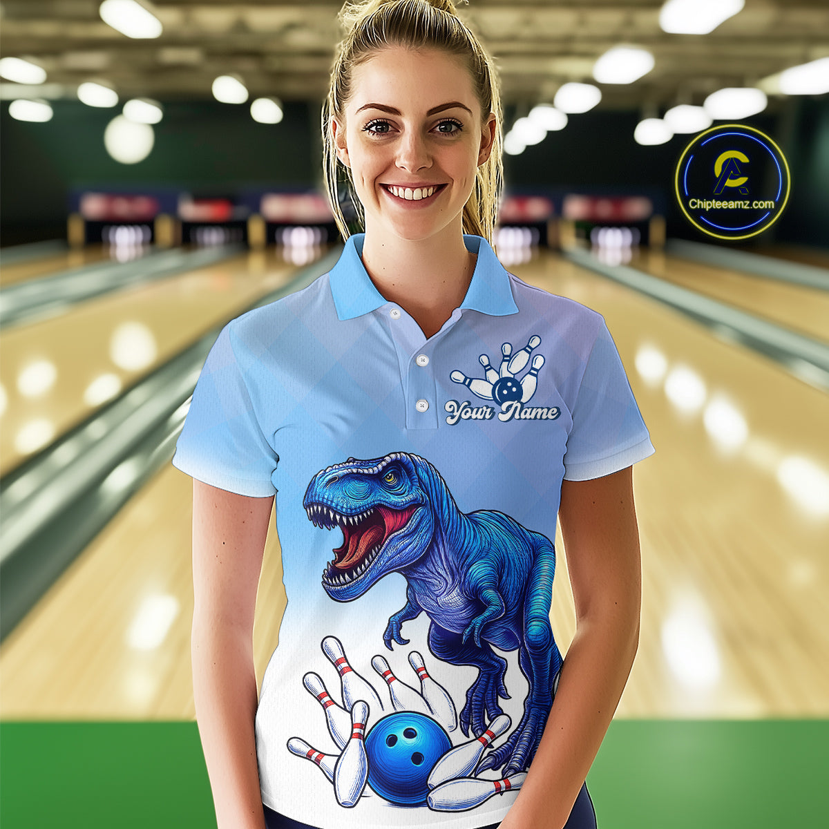 Blue Dinosaur Bowling Shirts for Men Women Custom Team Bowling Jerseys Polo and Zip Shirt MBL162
