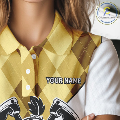 Funny Golf Ball Pattern Argyle Womens Golf Polo Shirts Custom Golf Outfits Ladies, Green Golf Tops NHT786