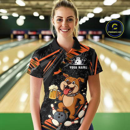 Custom Orange Funny Bulldog & Beer Bowling Shirt Women Bowling Team Jersey League Polo & 1/4 Zip QZT812