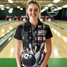 Load image into Gallery viewer, Custom Cracked US Flag Bowling Women Bowling Shirt Polo &amp; Quarter-Zip Bowling Team Jerseys HNT86