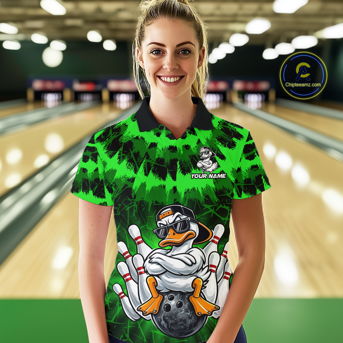 Custom Green Funny Duck Bowling Jersey for Women Bowling Uniform Polo & 1/4 Zip Bowling Team Shirts HNT238