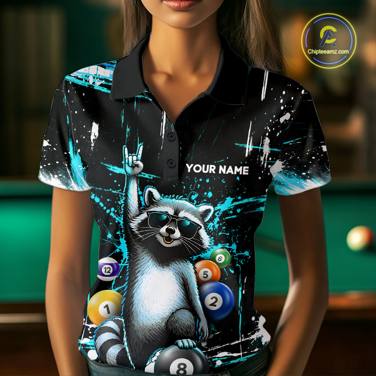 Custom Turquoise Funny Raccoon Billiard Shirt for Women 8 Ball Pool Billiard Jersey Polo & 1/4-Zip BHT5
