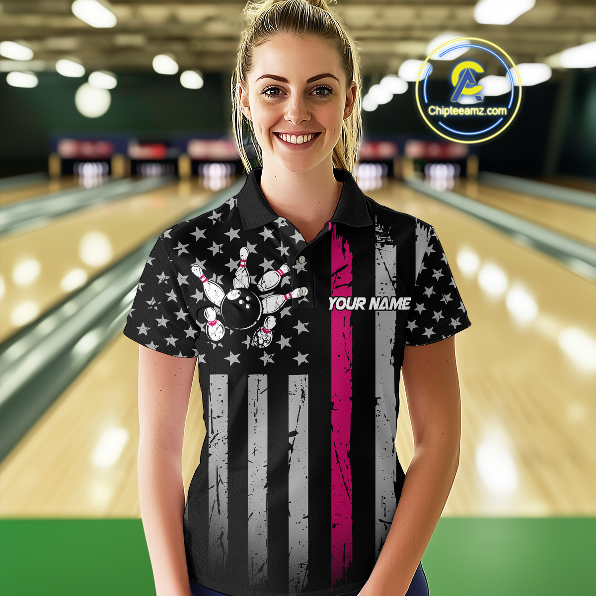 Custom Pink US Flag Eagle Bowling Jersey for Women Bowling Uniform Polo & 1/4 Zip Bowling Team Shirts HNT119