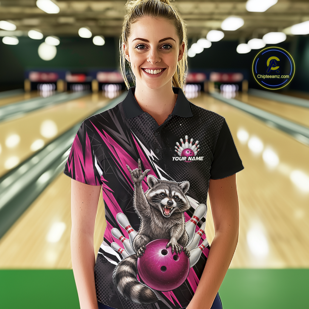 Custom Pink Raccoon Bowling Jersey for Women Bowling Team Shirts Bowling Polo & 1/4 Zip HNT254