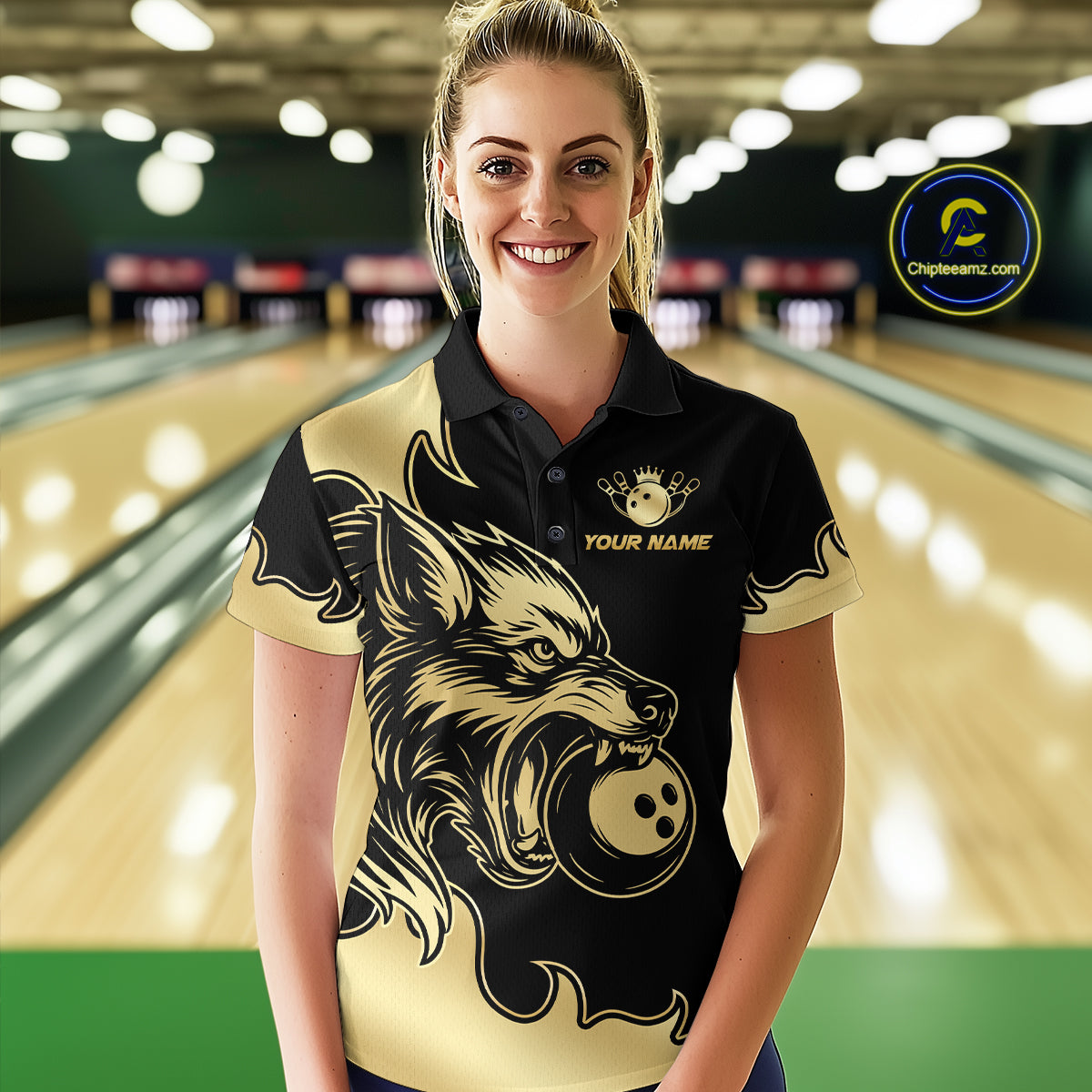 Gold Wolf Bowling Shirts for Team Women Men Custom Wolf Bowling Polo & Quarter Zip MBL194