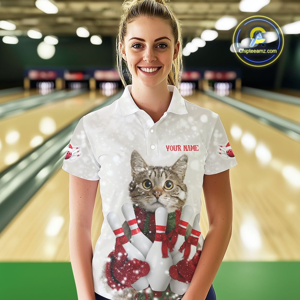 Custom Funny Cat Christmas Bowling Jersey for Women Polo & 1/4 Zip Bowling Team Shirts HNT145