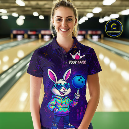 Custom Neon Funny Bunny Bowling Team Shirt Polo & 1/4 Zip Bowling Jersey for Women QZT789