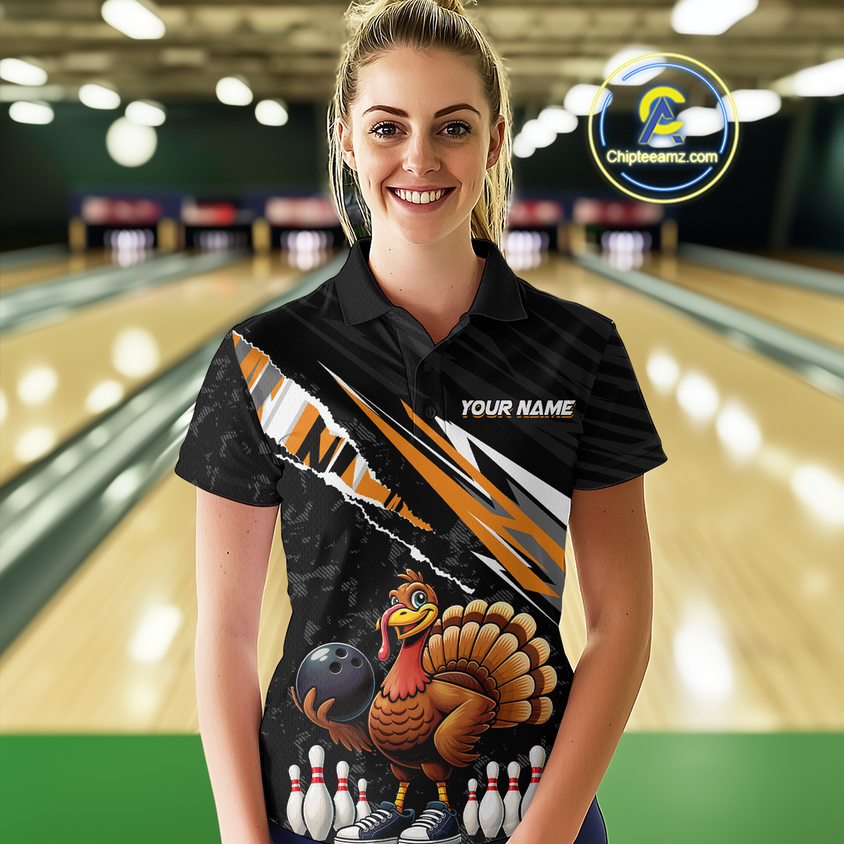 Custom Orange Funny Turkey Bowling Jersey for Women Thanksgiving Bowling Shirts Polo & 1/4 Zip HNT117