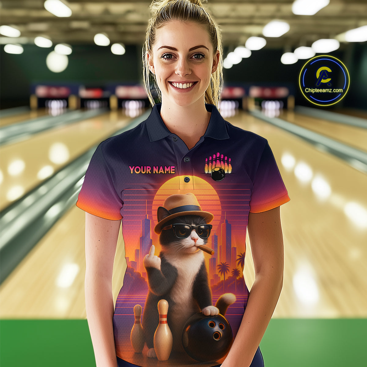 Women’s retro funny cat bowling polo shirt, front view on female model in bowling lane 