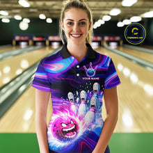 Load image into Gallery viewer, Custom Purple Blue Crazy Bowling Shirt for Women Polo &amp; 1/4-Zip Bowling League Outfit QZT831