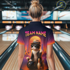 Custom Funny Cat Bowling Jersey for Women Bowling Uniform Polo & 1/4 Zip Bowling Team Shirts HNT114