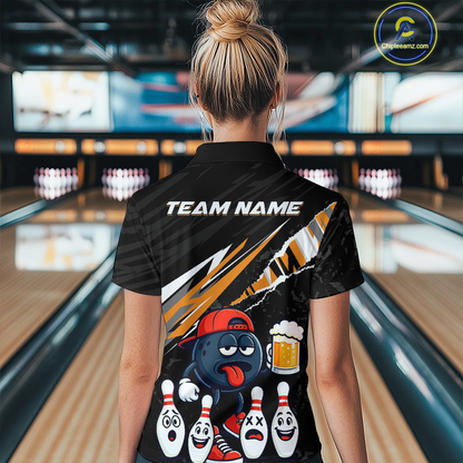 Custom Orange Beer Bowling Jersey for Women Bowling Team Shirts Bowling Uniform Polo & 1/4 Zip HNT133
