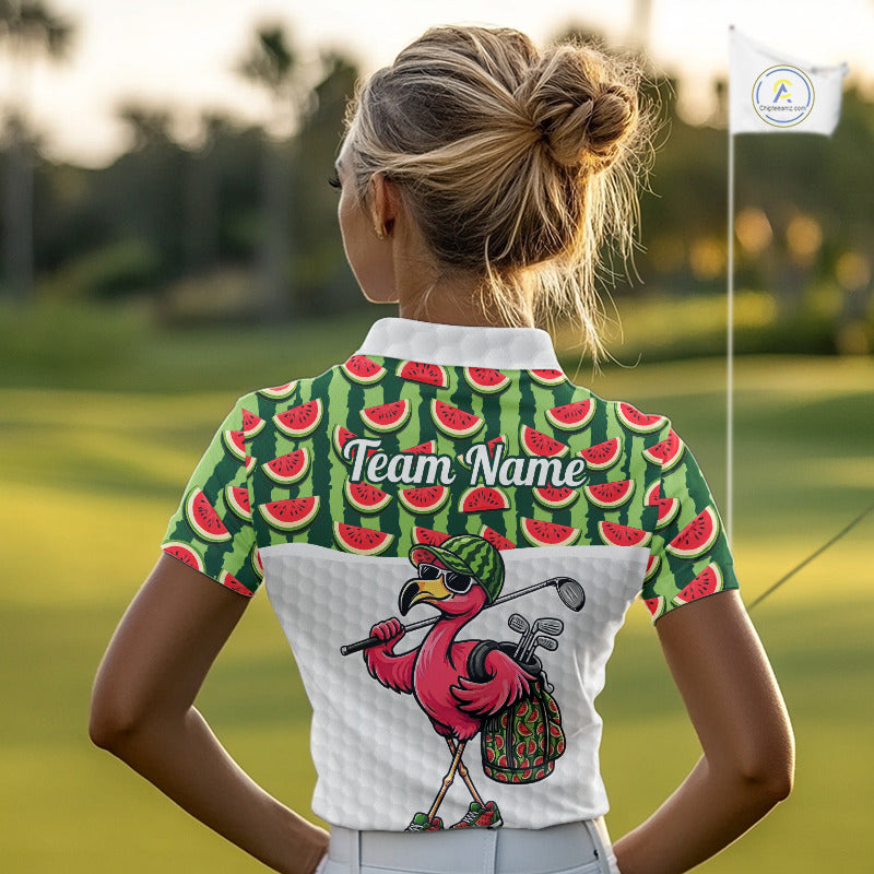 Golfing Flamingo Womens Funny Golf Polo Shirt Custom Green Pattern Watermelon Golf Ball Clothes Shirts NHT740