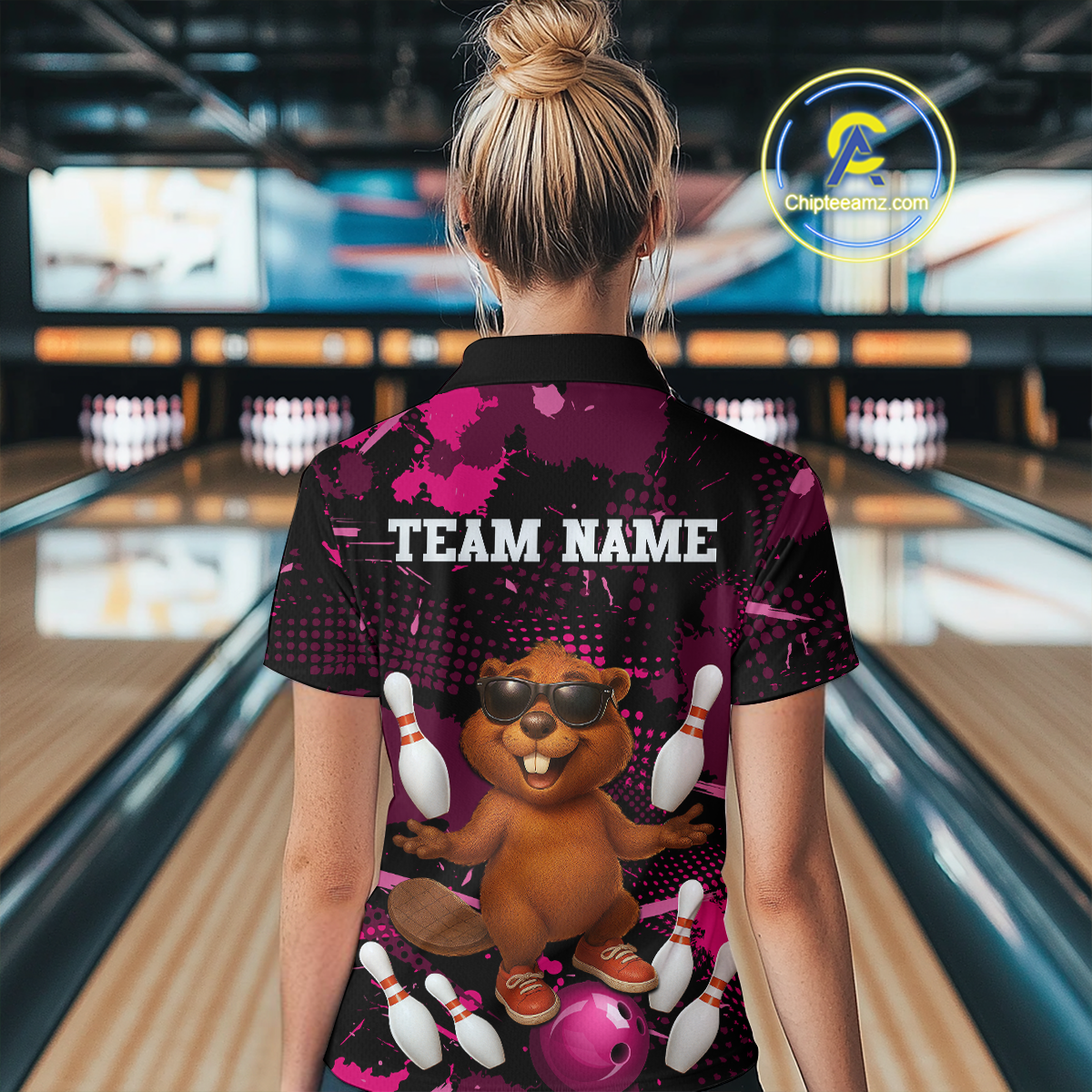 Custom Pink Funny Beaver Bowling Team Shirt Women Bowling League Jersey Polo Bowling Outfit QZT764
