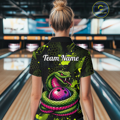 Green Cobra Snake Bowling Team Shirts Custom Name Bowling Jersey for Women Polo & 1/4 Zip HNT546