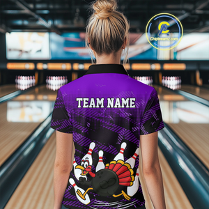 Custom Purple Funny Turkey Bowling Jersey for Women Thanksgiving Bowling Team Shirts Polo & 1/4 Zip HNT125