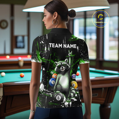 Custom Green Funny Raccoon Billiard Shirt for Women 8 Ball Pool Billiard Jersey Polo & 1/4-Zip BHT5