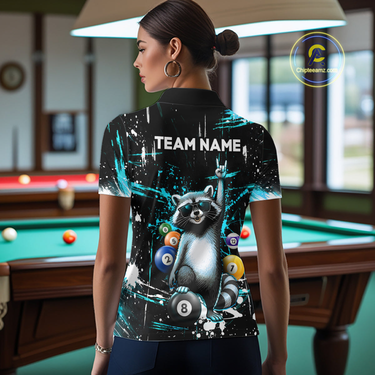 Custom Turquoise Funny Raccoon Billiard Shirt for Women 8 Ball Pool Billiard Jersey Polo & 1/4-Zip BHT5