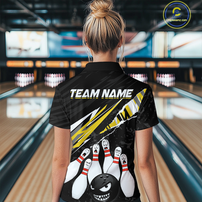 Custom Yellow Funny Bowling Jersey for Women Bowling Uniform Polo & 1/4 Zip Bowling Team Shirts HNT128