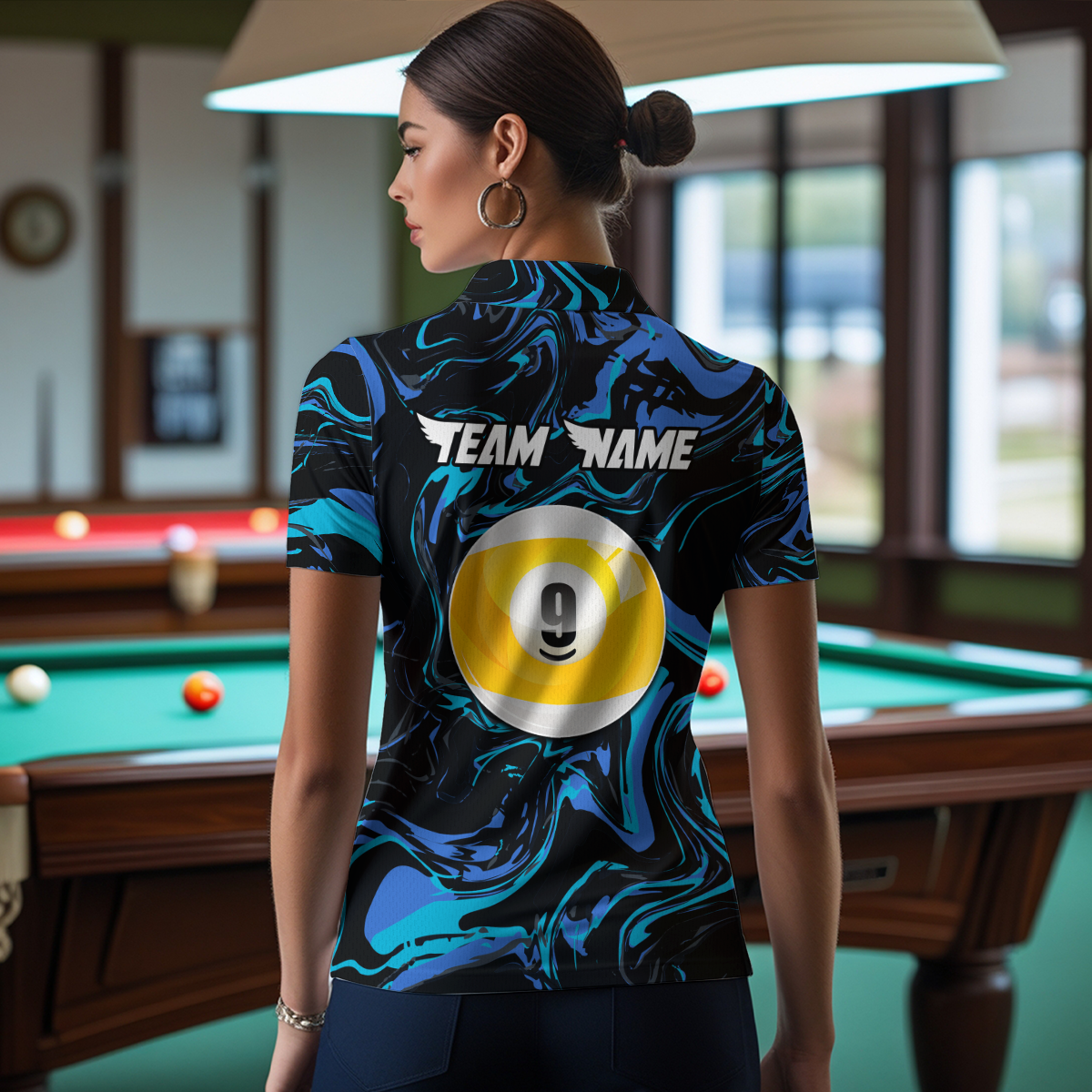 Teal-Turquoise 8 Ball & 9 Ball Custom Billiard Shirts For Women Billiard Team Jerseys NNT55