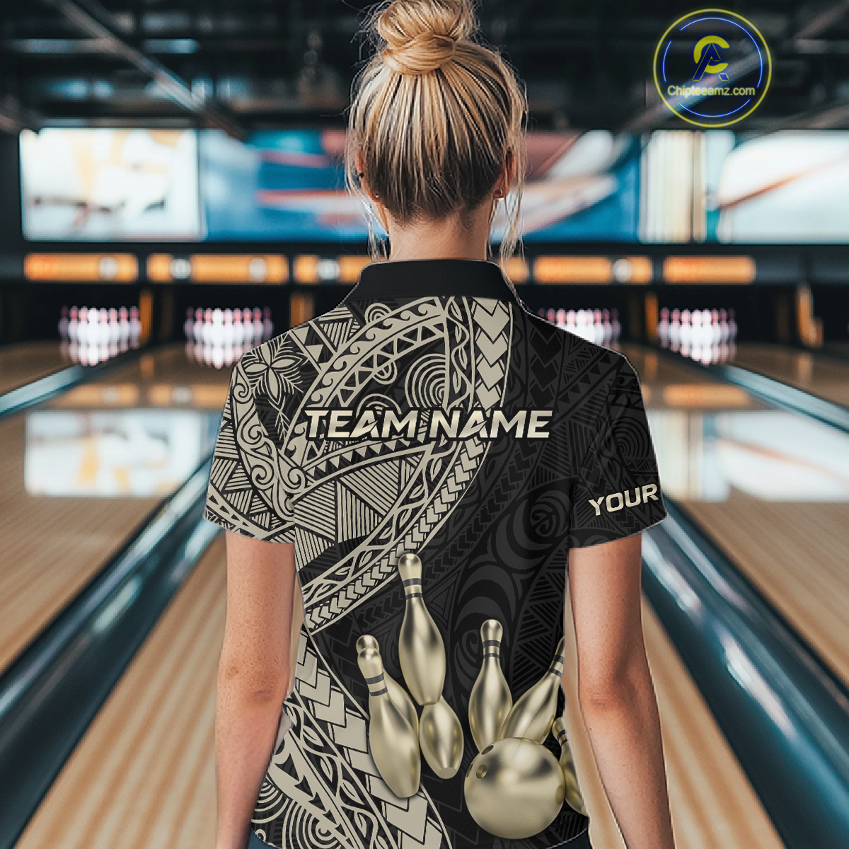 Black and Gold Tribal Pattern Bowling Jersey for Women Bowling Uniform Bowling Team Shirts HNT225