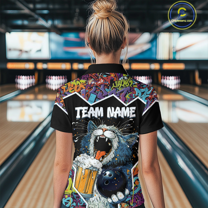 Custom Funny Cat Beer Bowling Jersey for Women Polo & 1/4 Zip Bowling Team Shirts HNT146