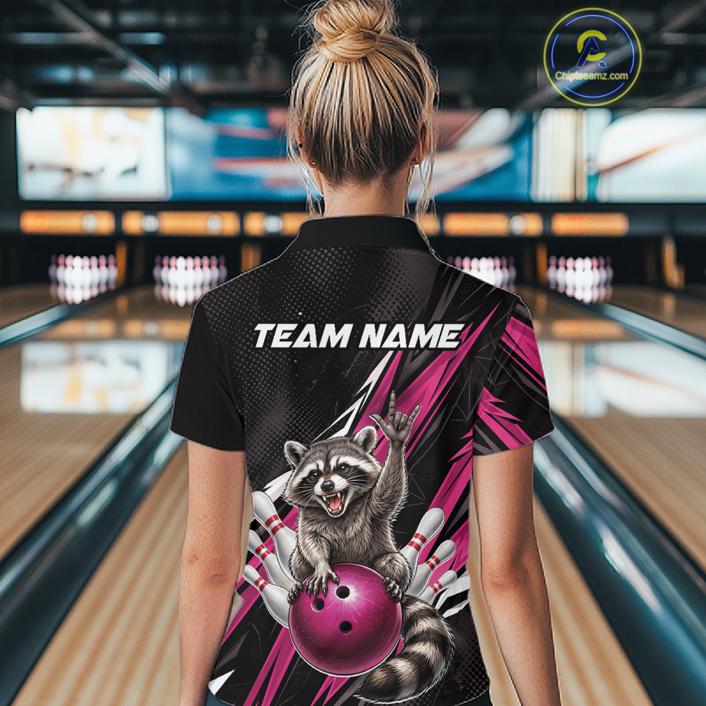 Custom Pink Raccoon Bowling Jersey for Women Bowling Team Shirts Bowling Polo & 1/4 Zip HNT254