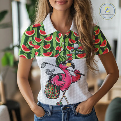 Golfing Flamingo Womens Funny Golf Polo Shirt Custom Green Pattern Watermelon Golf Ball Clothes Shirts NHT740