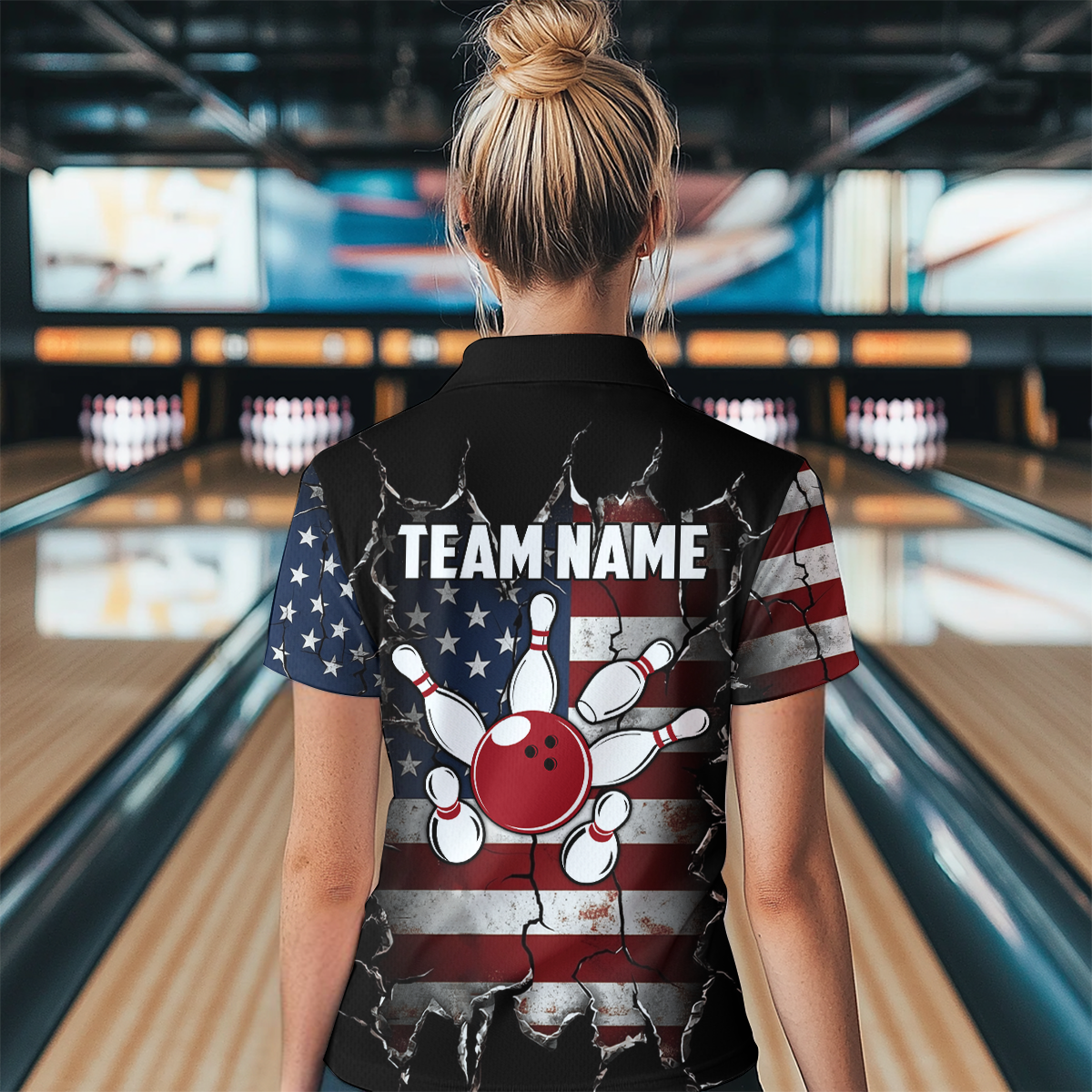Custom US Flag Bowling Jersey for Women Bowling Team Shirts Bowling Uniform Polo & 1/4 Zip HNT161