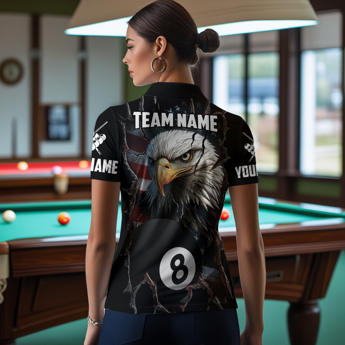 Eagle Billiard Shirt American Flag Billiard Jersey for Women Polo & 1/4 Zip Shirt Team NNT02