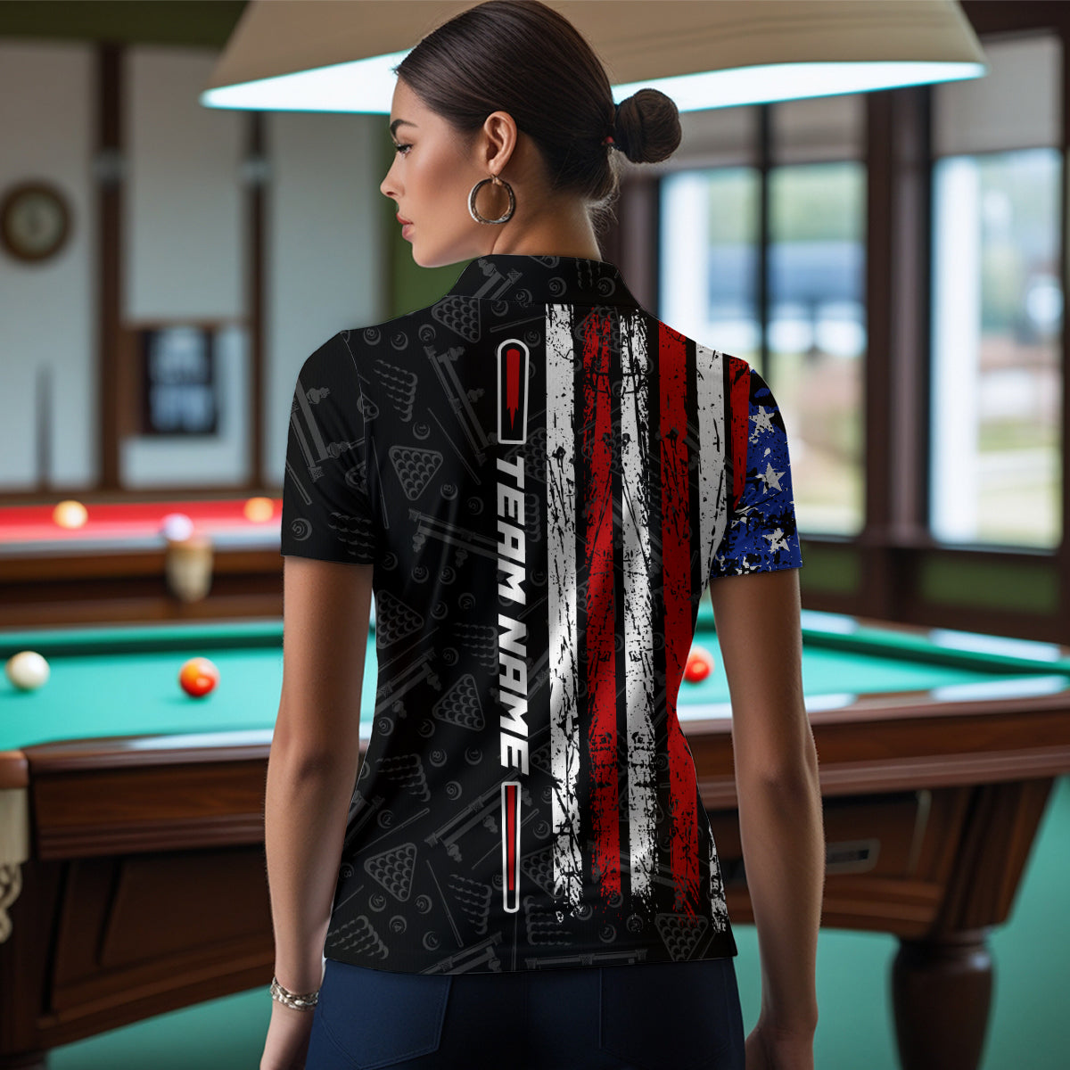 American Flag Billiard Jerseys 8 Ball Pool Billiard Shirts for Women Polo & 1/4 Zip Shirt NNT05