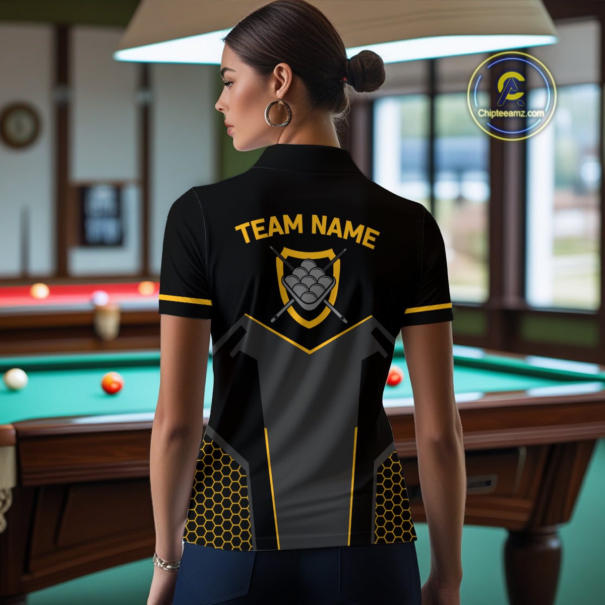 Personalized Yellow Black 9 Ball Billiard Shirt For Women, 9 Ball Pool Team Jersey Polo & 1/4 Zip TDM4476