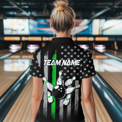US Green Flag Bowling Shirt for Women Custom Name Polo & Quarter-Zip Bowling Jersey Bowling Team Shirt HNT23