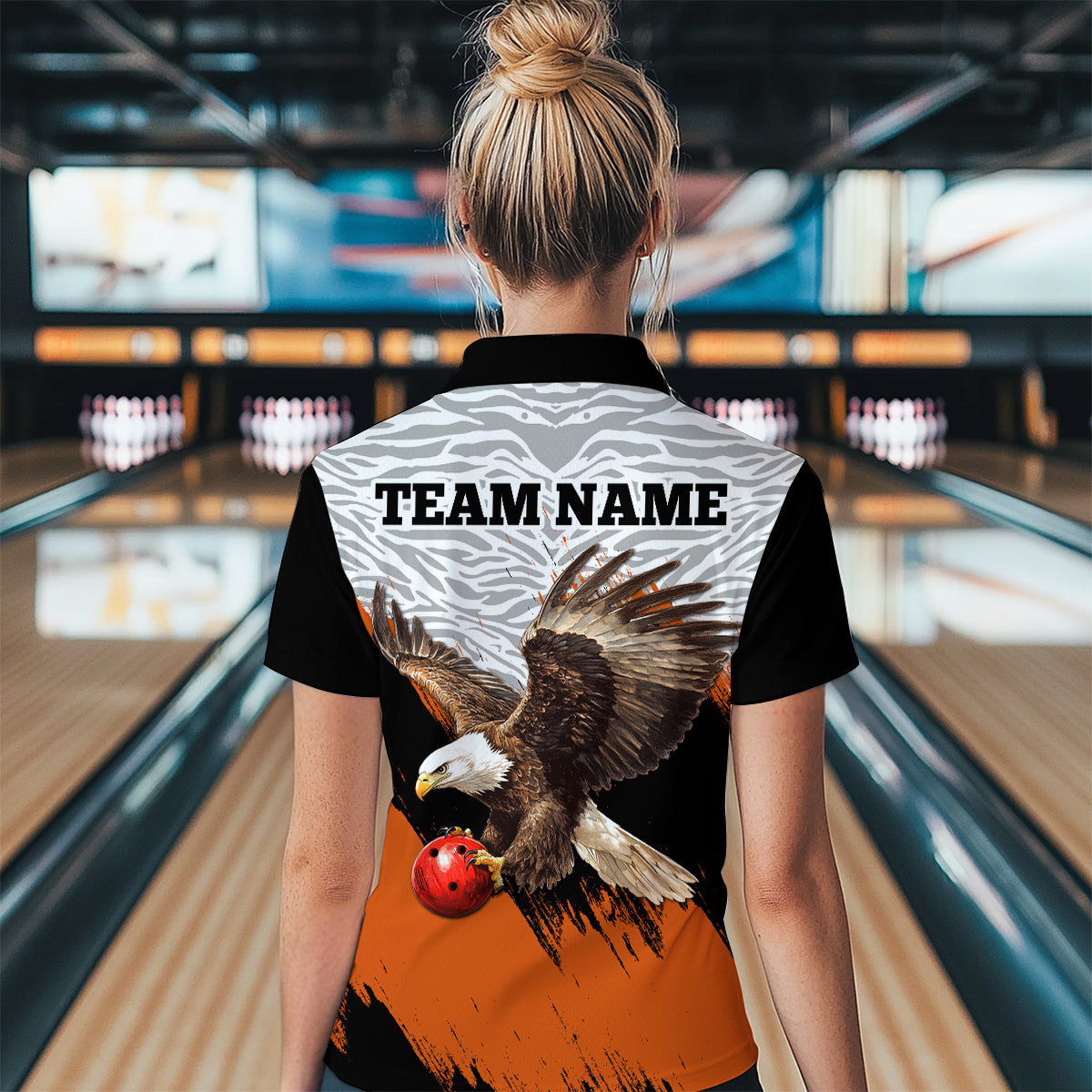 Custom Name Orange Eagle Bowling Shirt Bowling Jersey for Women Polo & 1/4 Zip Shirt Team League HNT07
