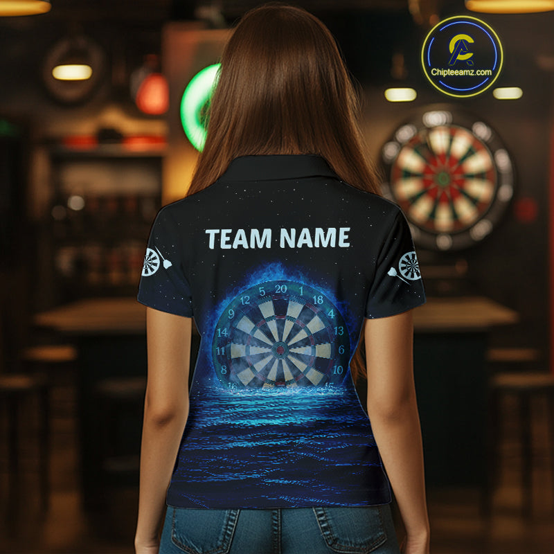 Women’s Personalized Darts Shirts With Navy Ocean, Stars Sky And Glowing Dartboard NYN0259