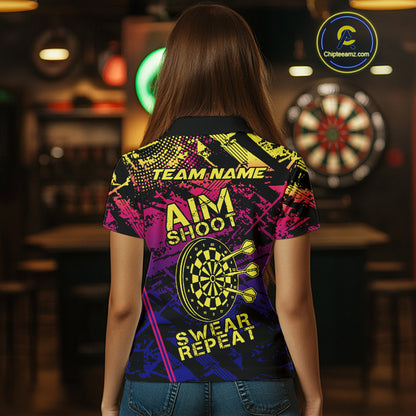 Purple Pink Yellow Grunge Aim Shoot Swear Repeat Dart Shirt For Women Custom Funny Darts Team Jersey TDM4034