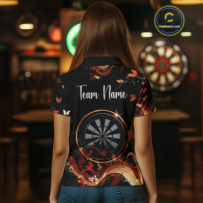 Women's Custom Darts Shirt With Fiery Butterfly Drift Flowers & Golden Dartboards NYN0288