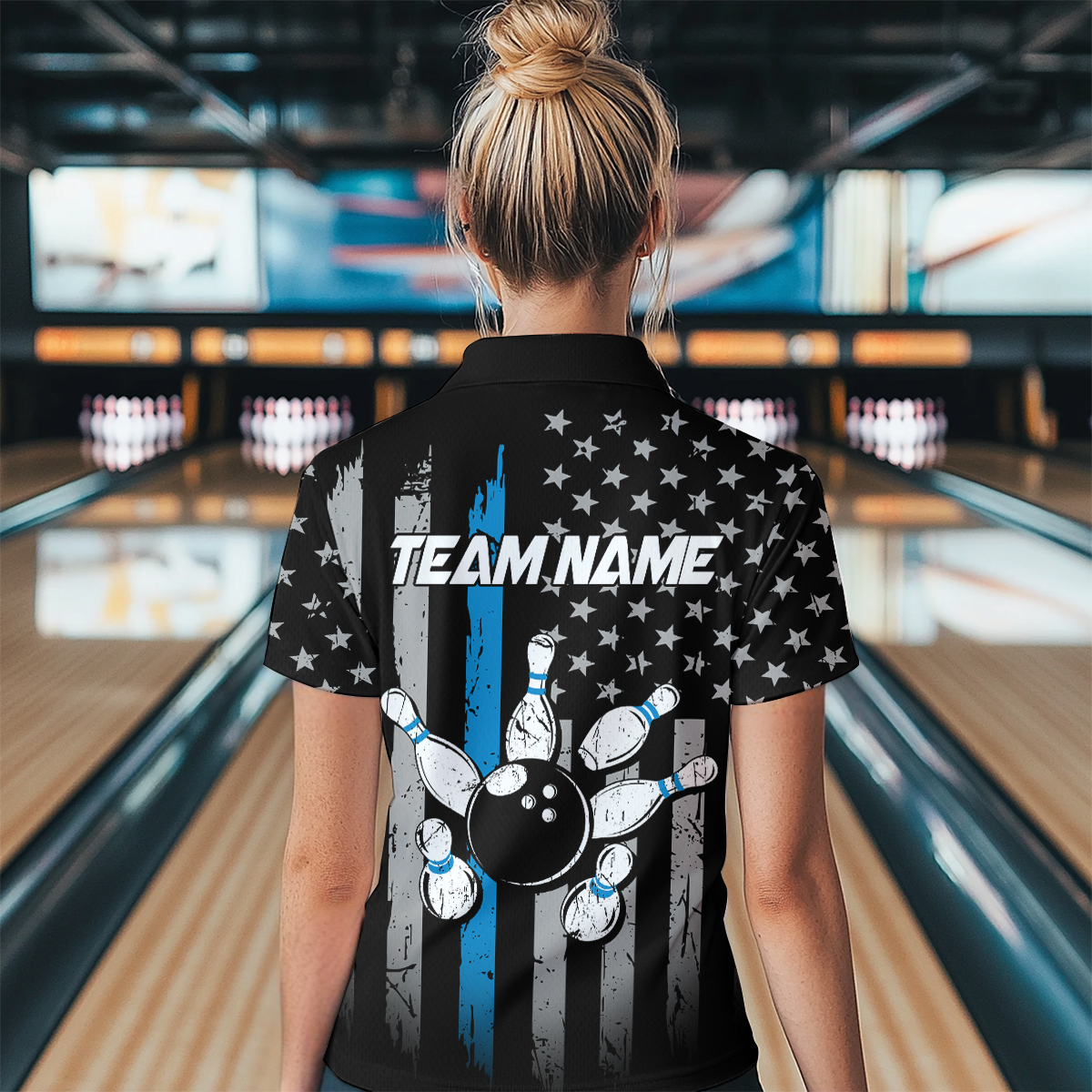 US Blue Flag Bowling Shirt for Women Custom Name Polo & Quarter-Zip Bowling Jersey Bowling Team Shirt HNT23