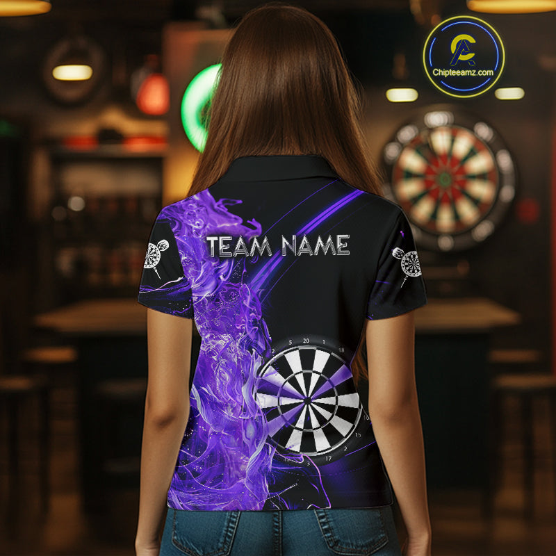 Custom Black And Purple Flame Darts Shirts For Women, Darts Team Jerseys Polo & Quarter Zip Uniform TDM4017