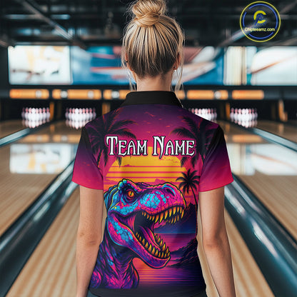 Custom Neon Dinosaur Bowling Women Bowling Shirt Polo & Quarter-Zip Bowling Team Jerseys HNT78