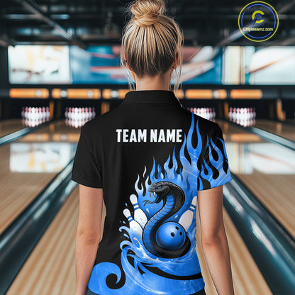 Custom Blue Flame Cobra Snake Bowling Shirt Polo Bowling Team League Bowling Jersey QZT694