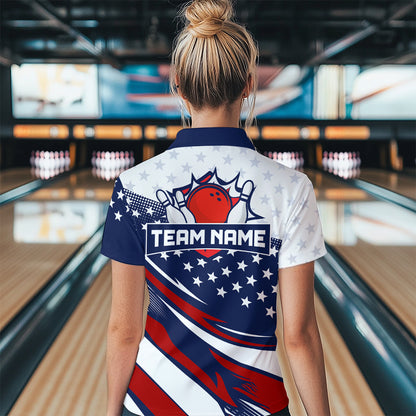 American Flag Bowling Custom Women Bowling Shirt Polo & Quarter-Zip Bowling Team Jerseys HNT50