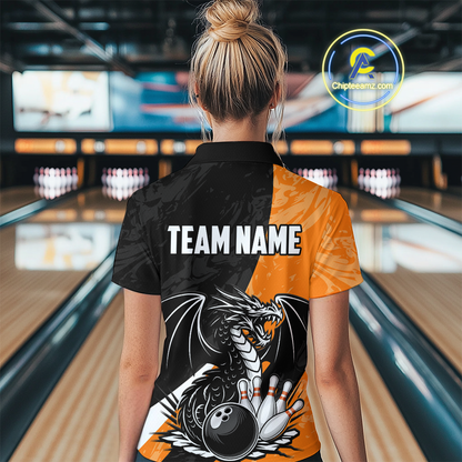 Custom Orange Dragon Bowling Women Shirts Bowling Uniform Polo & 1/4 Zip Bowling Team Jerseys HNT103