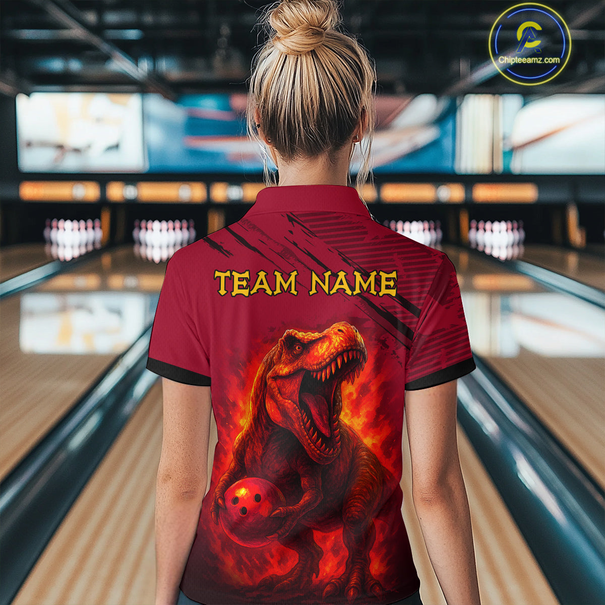 Red Dinosaur Bowling Custom Women Bowling Shirt Polo & Quarter-Zip Bowling Team Jerseys HNT72