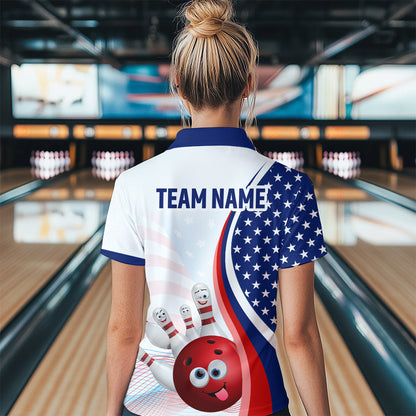 Personalized US Flag Funny Bowling Shirt for Women 3D Bowling Jersey Shirts Polo & Quarter-zip with Team HNT08