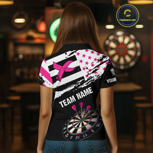 Personalized US Flag Pink Ribbon Darts Shirt For Women Custom Breast Cancer Awareness Darts Jersey TDM4493