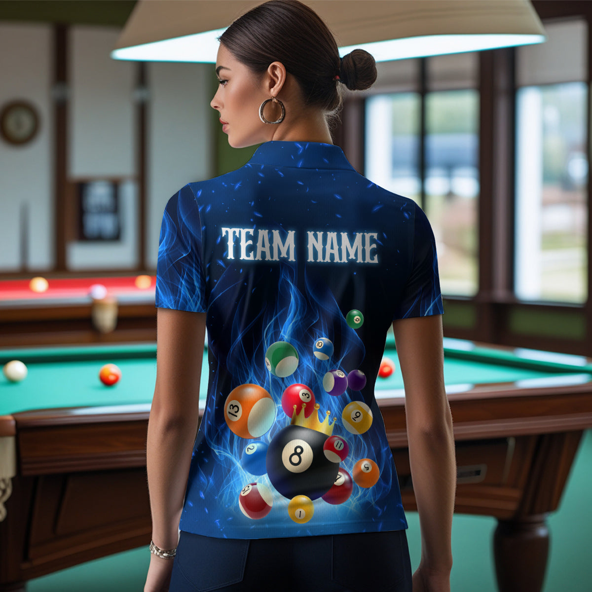Blue Flaming Billiards Shirt 8 Ball Billiards Shirt Women Polo Shirts & 1/4 Zip NNT09