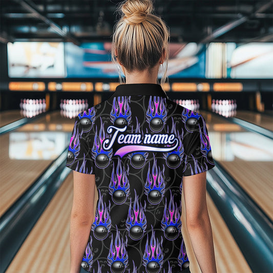 Black Bowling Ball Camo Blue Flame Bowling Polo, 1/4 Zip Shirt for Women Custom Bowling Team Jersey NQS9480
