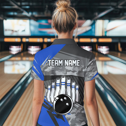 Blue Camo Bowling Shirts for Women Men Custom Team Bowling Polo & 1/4 Zip Shirt MBL61